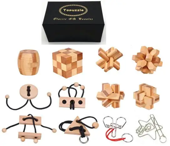 12BUC/Set Bambus Puzzle din Lemn Bucla de Coarda de Metal Teaser Creier Joc de Puzzle Jucării pentru Adulți Copii Cutie de Cadou
