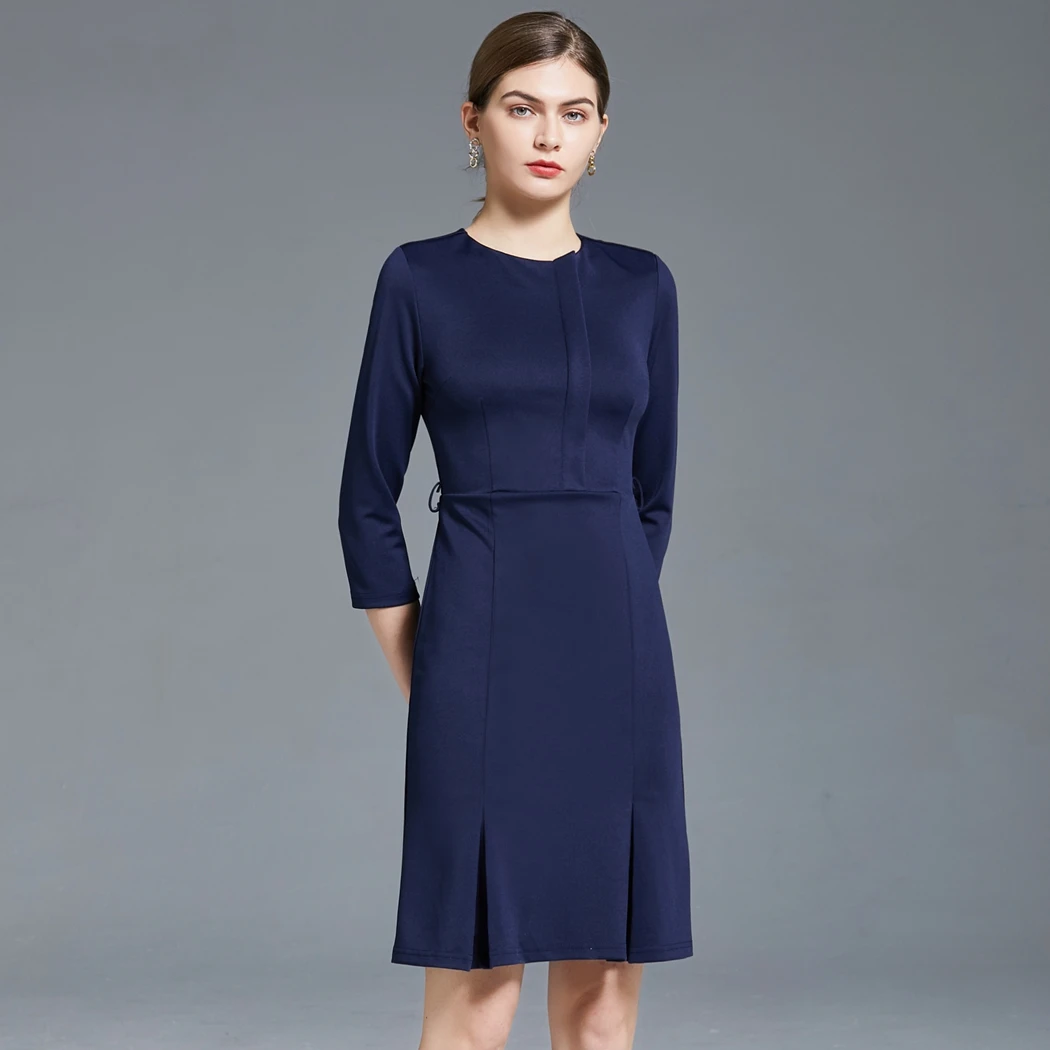 Femei de moda elegant de culoare solidă de muncă afacere cu haine office haine de lucru mijloc manșon elastic negru și albastru rochie