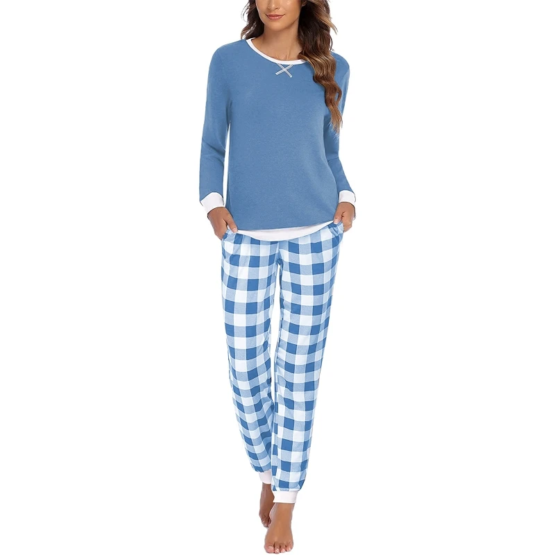 Femei Seturi de Pijamale cu Maneca Lunga Top cu Pantaloni Carouri Moale Sleepwear Gât Rotund 2 Bucata Body Trening cu Buzunare