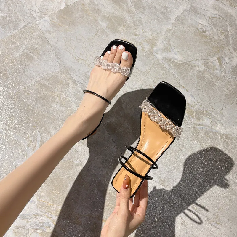 Incaltaminte Femei Sandale Petrecere în Stil Confortabil de Vara din Piele Naturala Papuci de casă ștrasuri din Mărgele de culoare Bej Negru Transparent Toc Gros Scăzut
