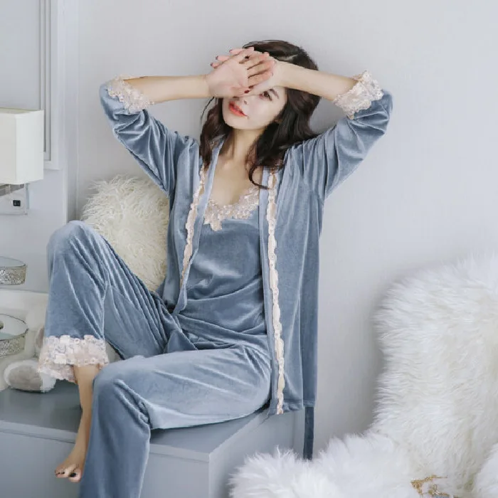 Trei piese Pijamale Seturi de Toamnă Iarnă Stil coreean de Aur Catifea Pijamale Costum Sexy de Dantelă de Lux Doamnelor Haine de Acasă
